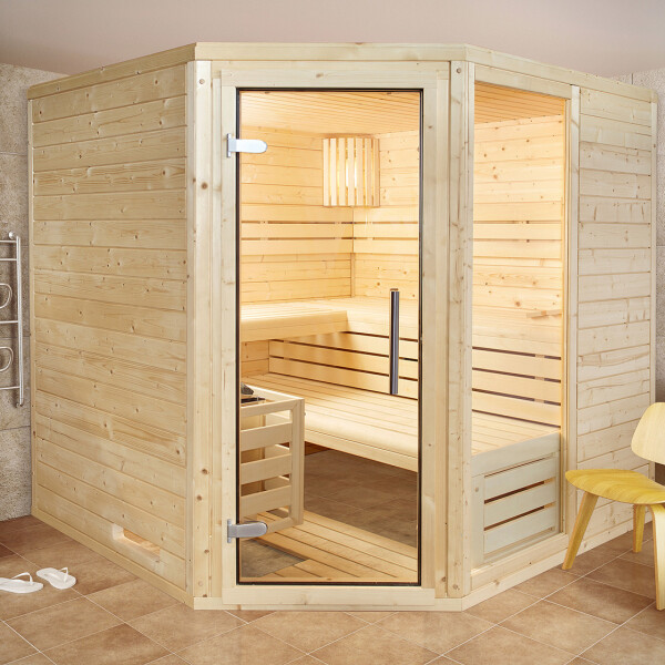 Sauna Espoo Massivholz 45mm mit Eckeinstieg und Fenster