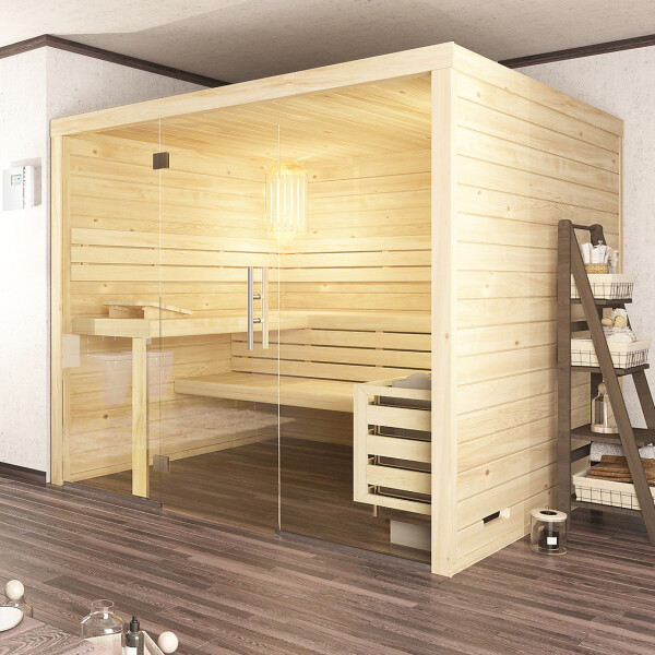 Sauna Espoo Massivholz 45mm mit Glasfront