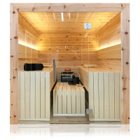 Holzsauna Zirbe Massivholz-Paneelen Swissmade mit Glasfront