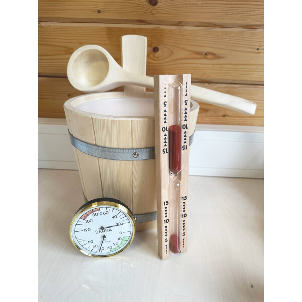 Standard Zubehörset mit Sanduhr, Thermo-/Hygrometer, 5L Kübel, 40cm Holz-Schöpfkelle