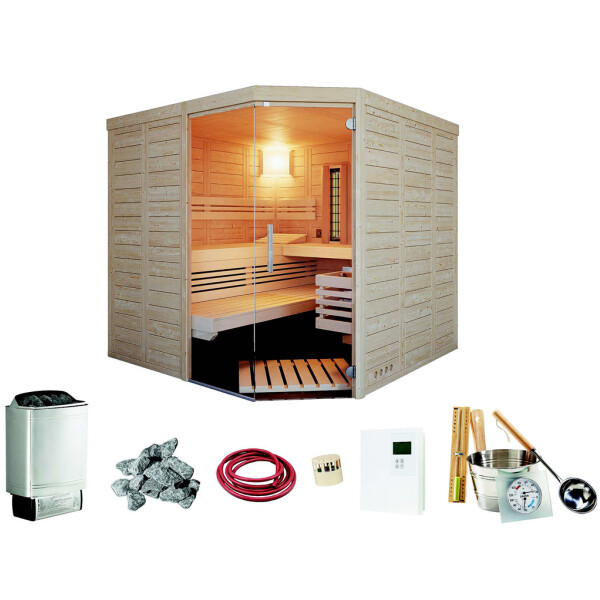 Sauna Solido Complete Set-Angebot finnische Sauna - 209x209x200cm mit Eckeinstieg und Glaselement