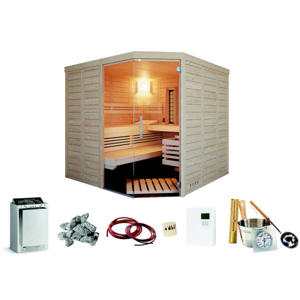 Sauna Solido Complete Set-Angebot Bi-O Sauna - 209x209x200cm mit Eckeinstieg und Glaselement